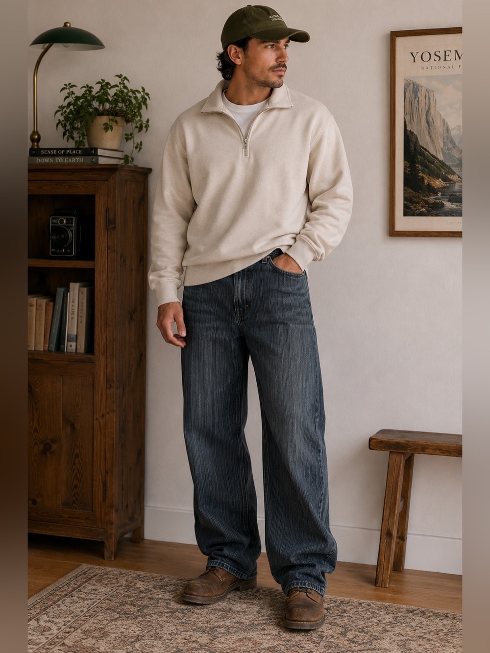 Big Goos Fleece Lined  Loose Wide Straight Leg Jeans‎ Dark Wash W31 L34